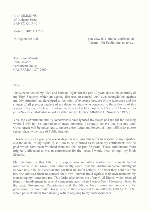 Letter to Australian Prime Minister John Howard concerning denial of Civil and Human Rights - 15/09/2003 - page 1