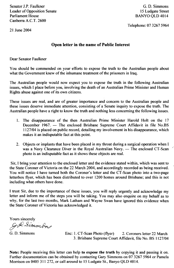Letter to Senator JP Faulkner dated 21 June 2004
