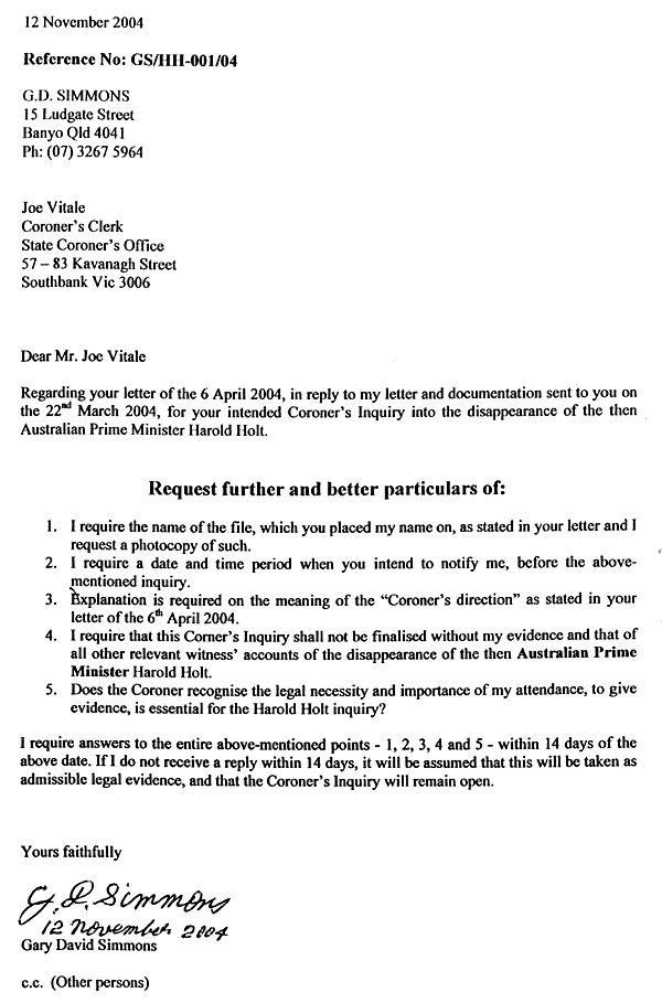 Letter to Joe Vitale, Coroner's Clerk dated 12 November 2004